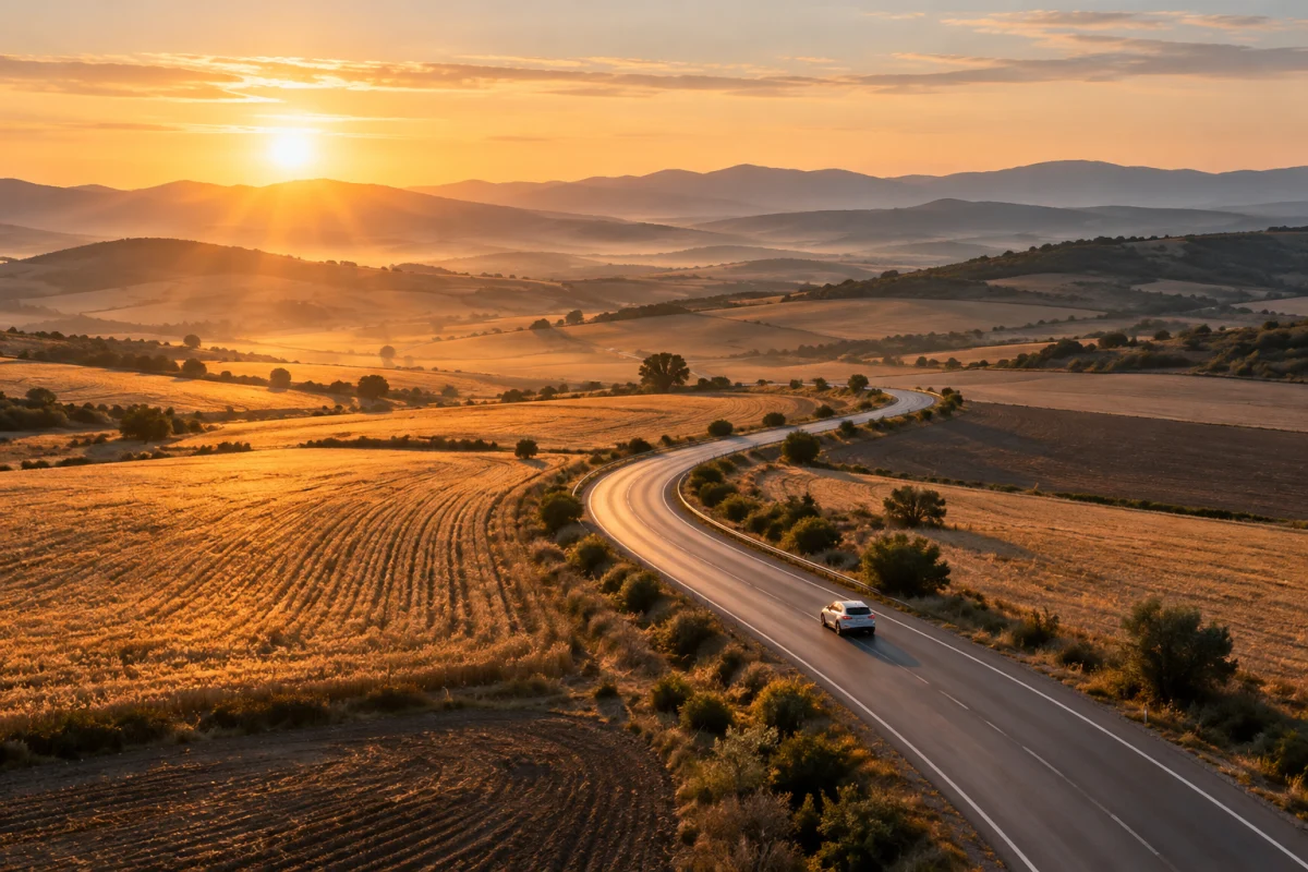 Gün batımında tarlaların arasından geçen kırsal yol